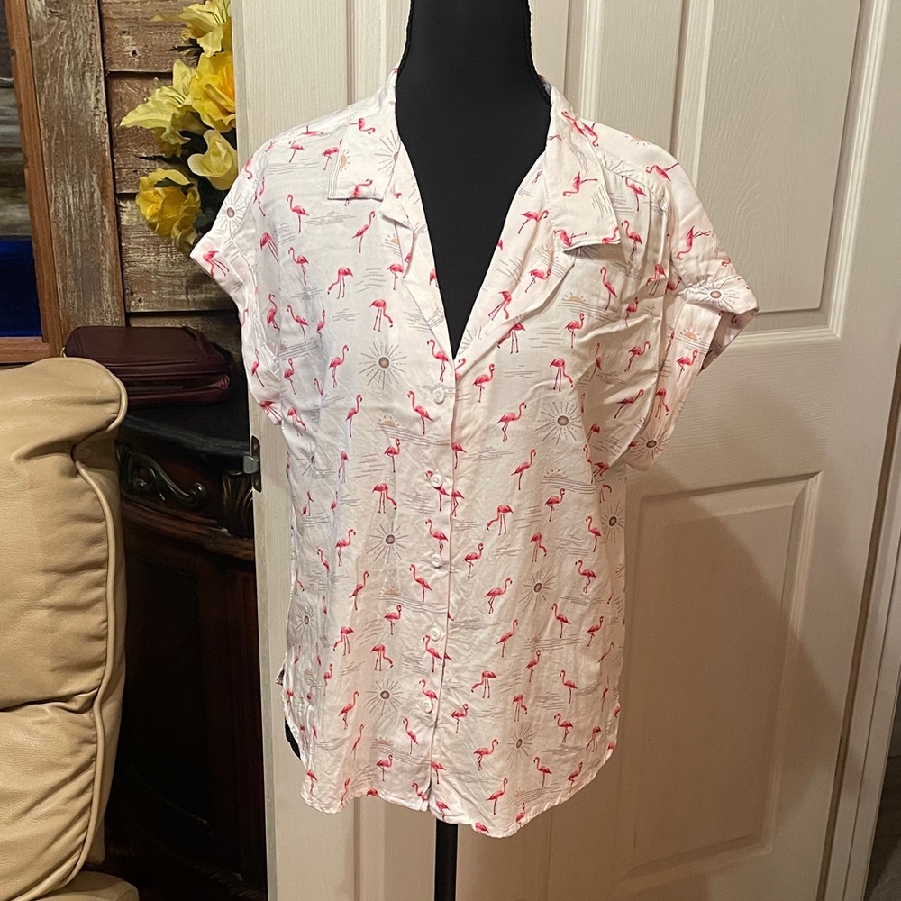 Casual Flamingo Print Women's Button Down Shirt